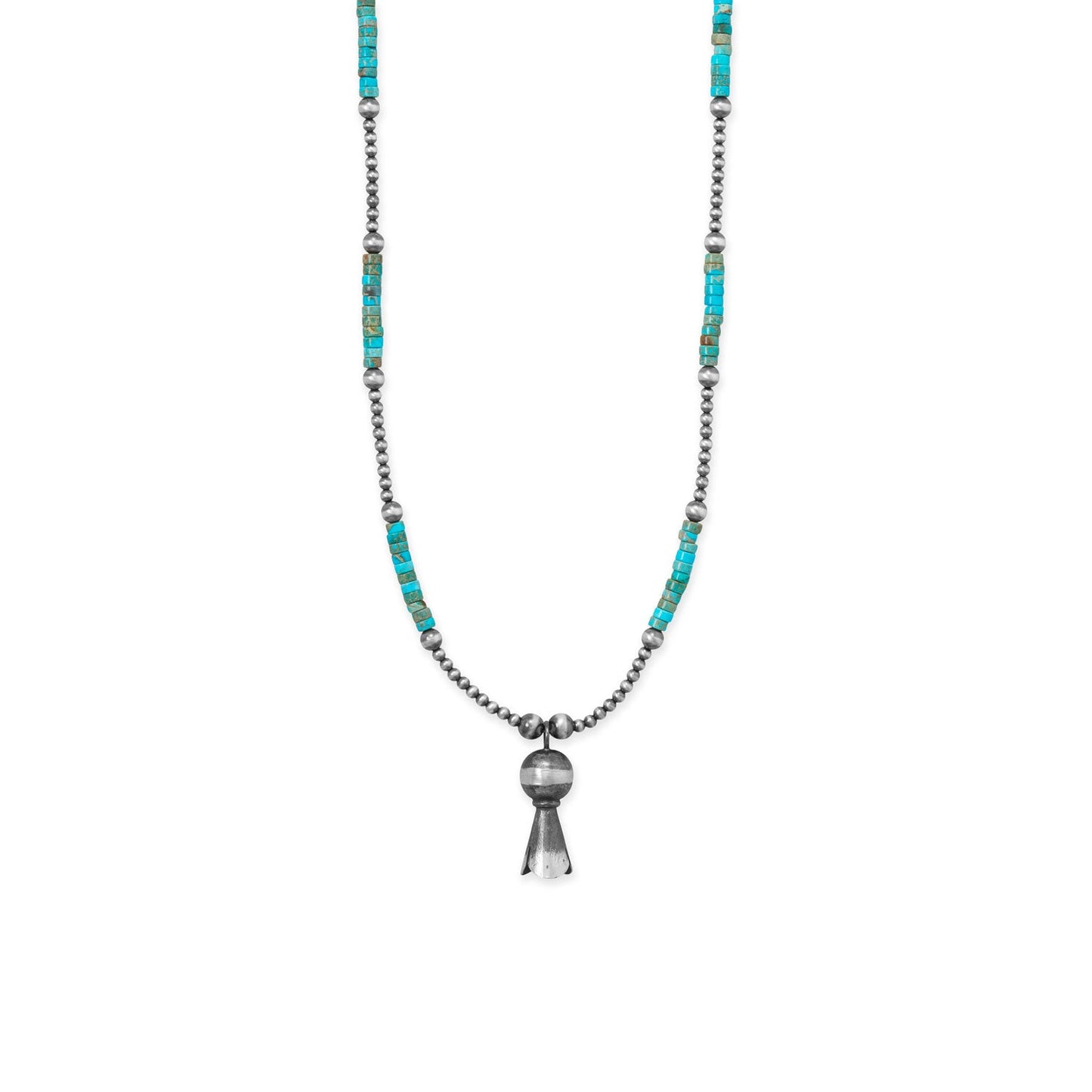 18 Turquoise Heishi, Oxidized Bead and Squash Blossom Necklace