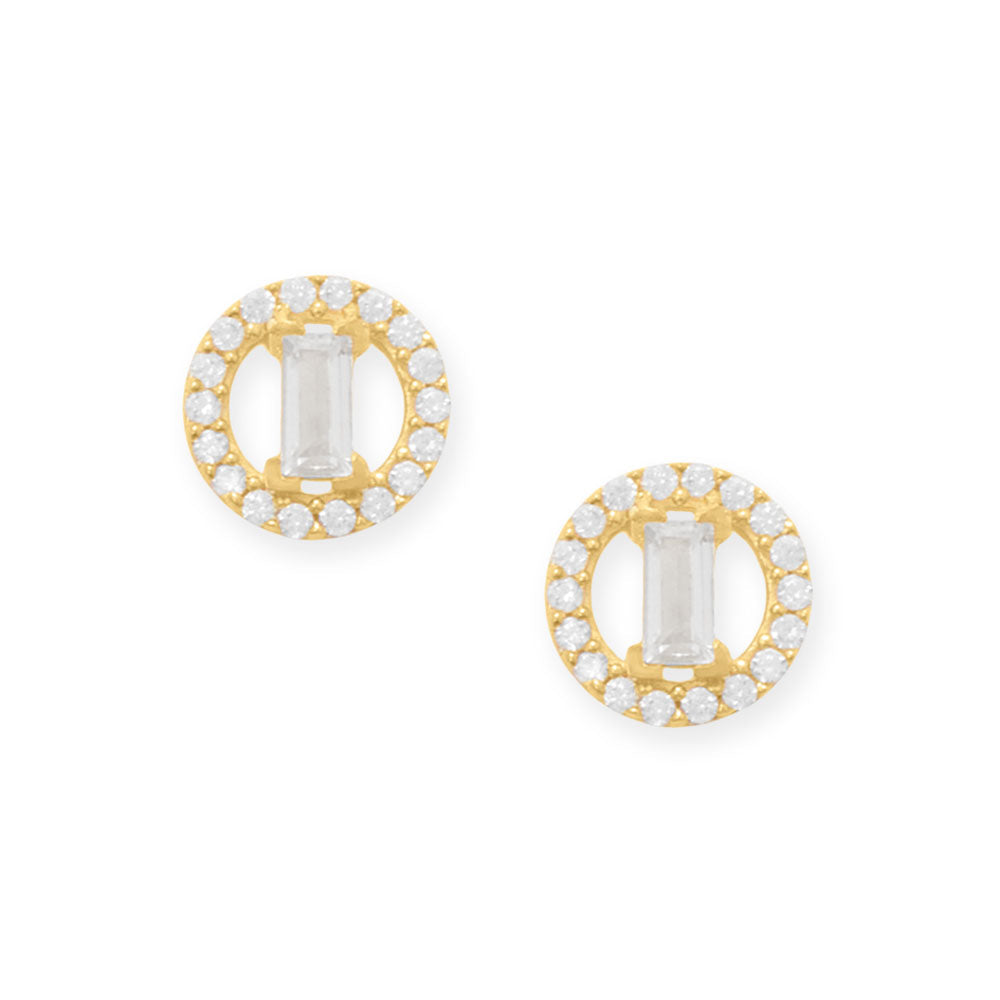 14 Karat Gold Plated Baguette and Halo CZ Stud Earrings