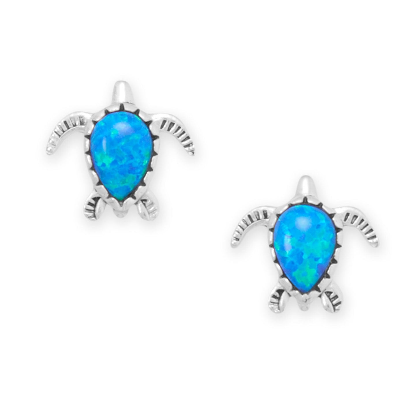 Oxidized Synthetic Blue Opal Sea Turtle Stud Earrings