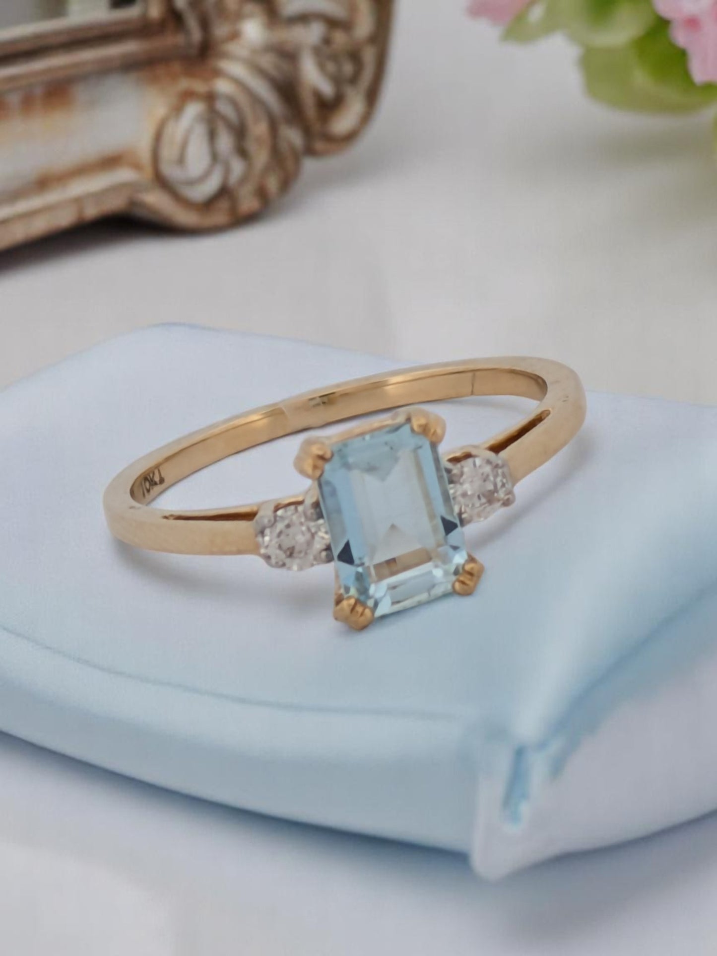 Reine | 10K White Gold Ring With 1.05 CT Natural Aquamarine & .10 CTW Natural Diamonds | Elegant Fine Jewelry | Size 6.5