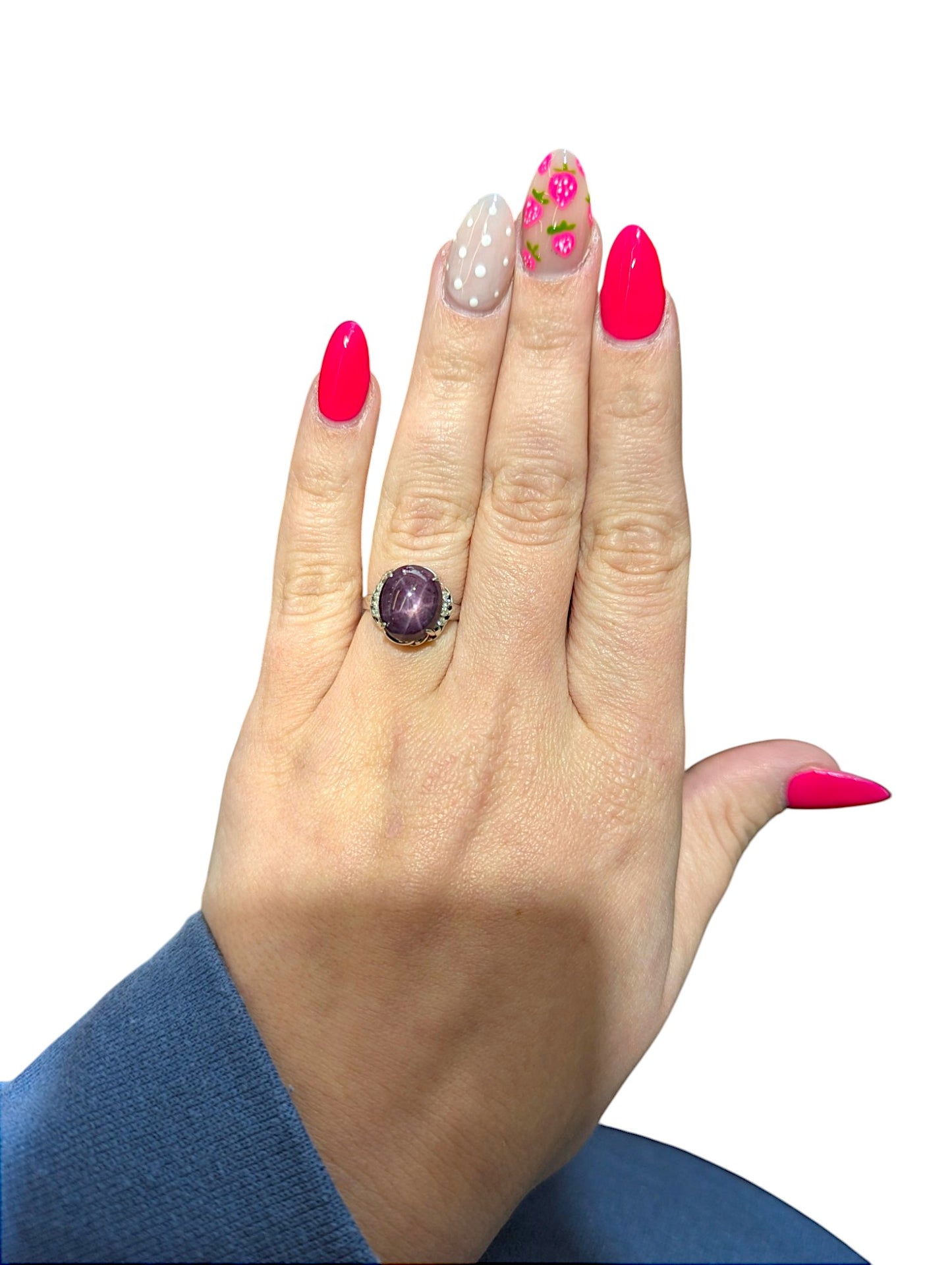 Collins | 18k White Gold Ring with 7 ct Star Ruby & .12 ctw Natural Diamonds – Size 5