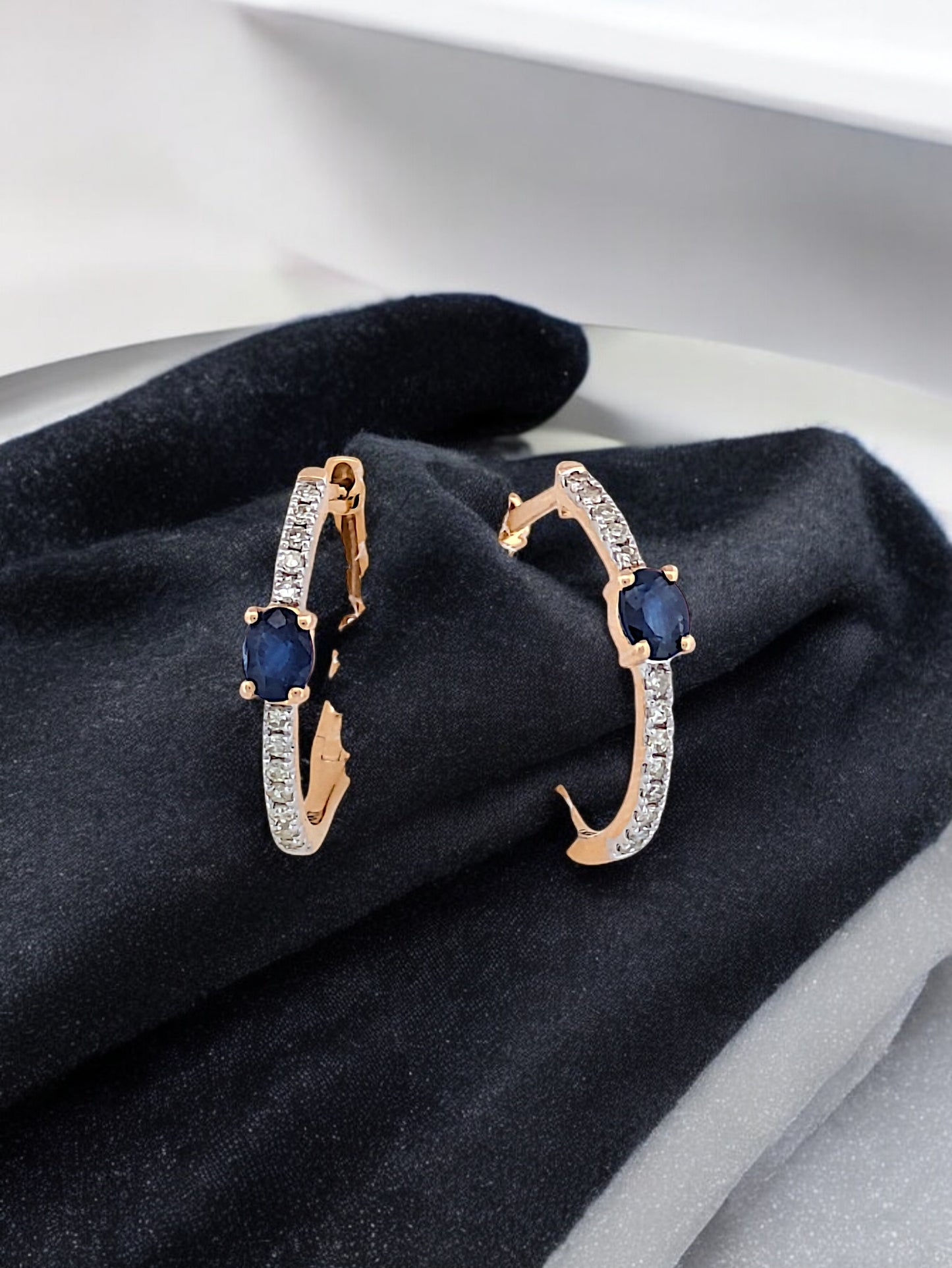 Alva | 10K Yellow Gold Hinge Hoop Earrings with 0.45ct Sapphire and 0.15ct Diamonds, Elegant Gold Hoop Earrings, Fine Jewelry Gift