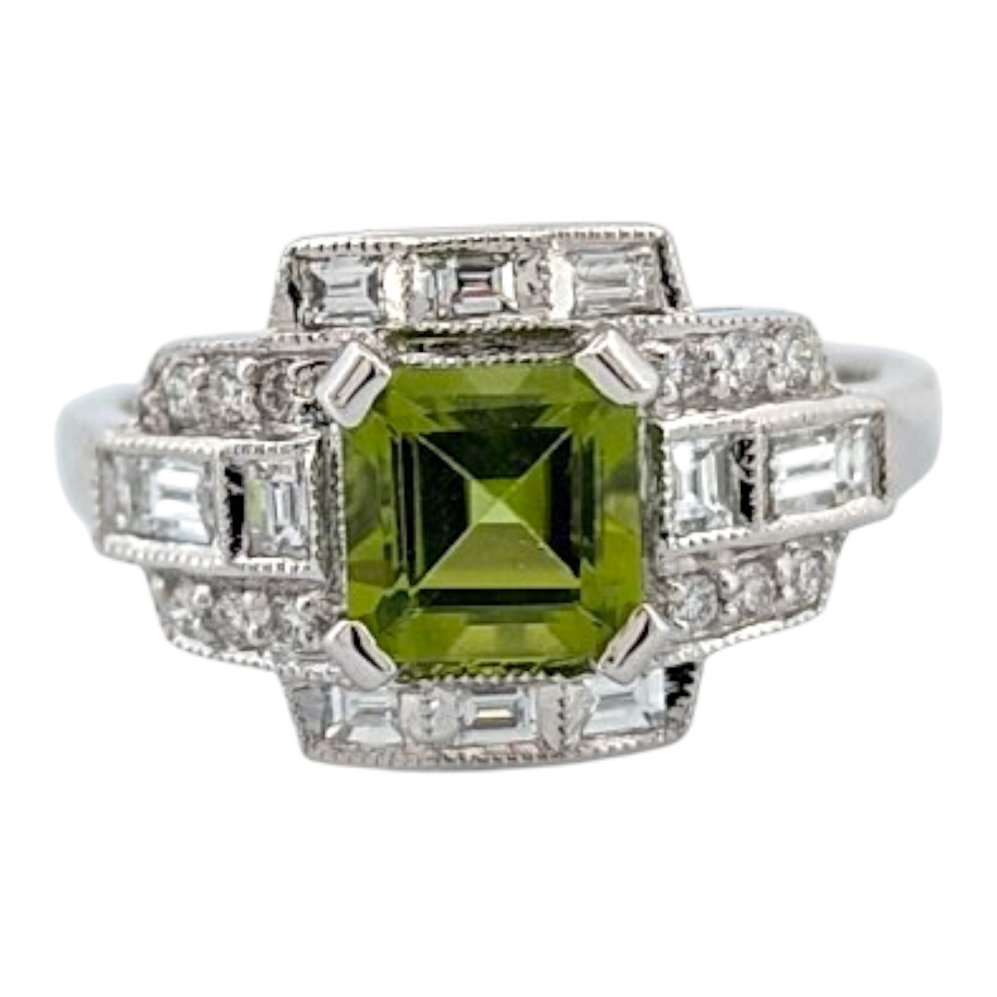 Mercy | Estate | 18K White Gold | Peridot and Natural Diamond | Ring