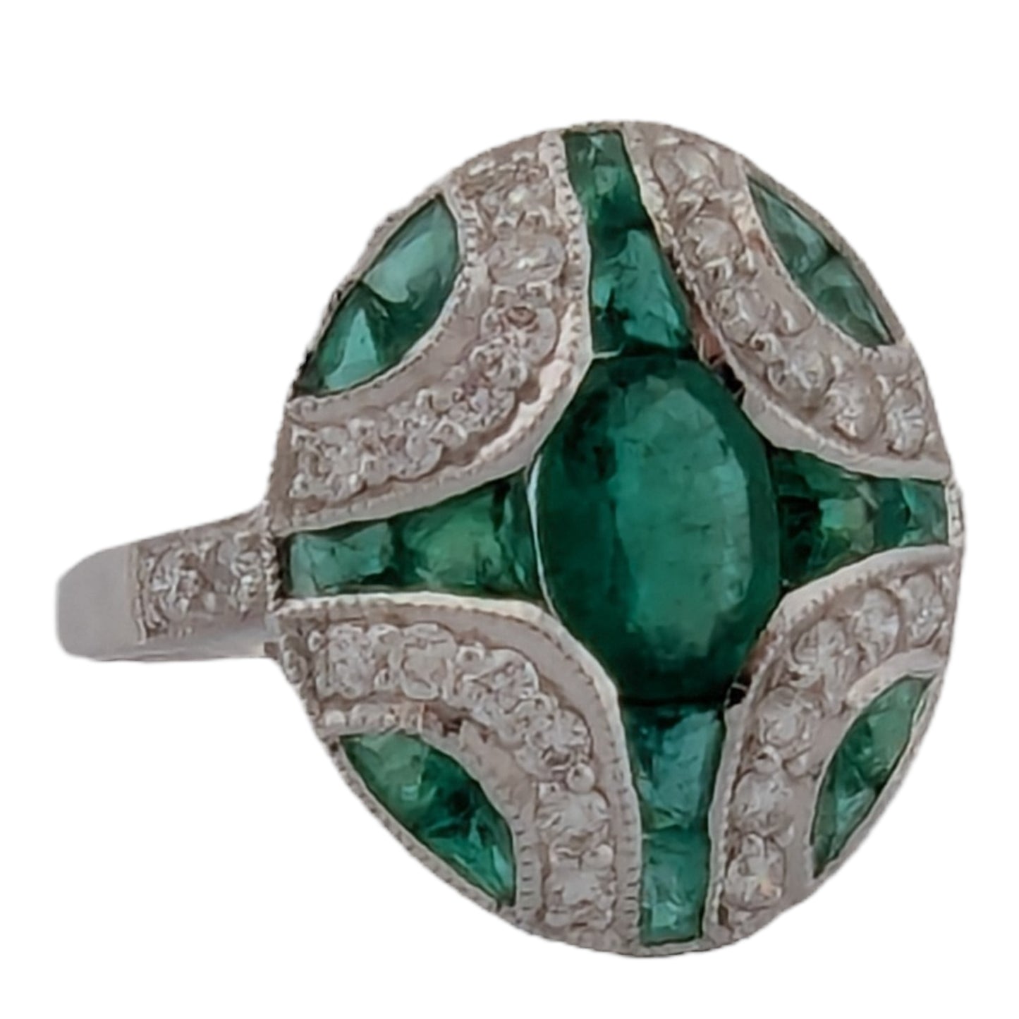 Susanna | Estate | 18K White Gold | Emerald and Natural Diamond | Ring