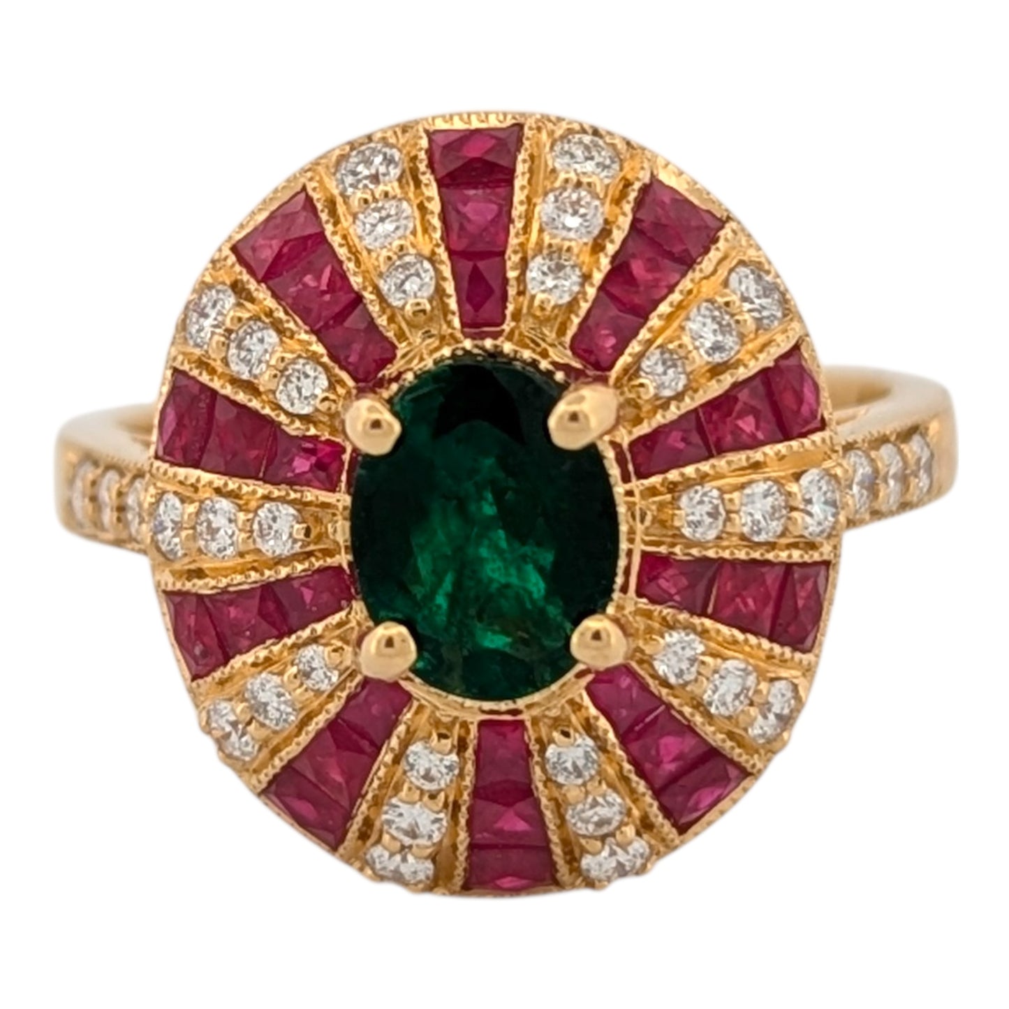 Clarimond | Estate | 18K Yellow Gold | Emerald, Ruby and Natural Diamond | Ring