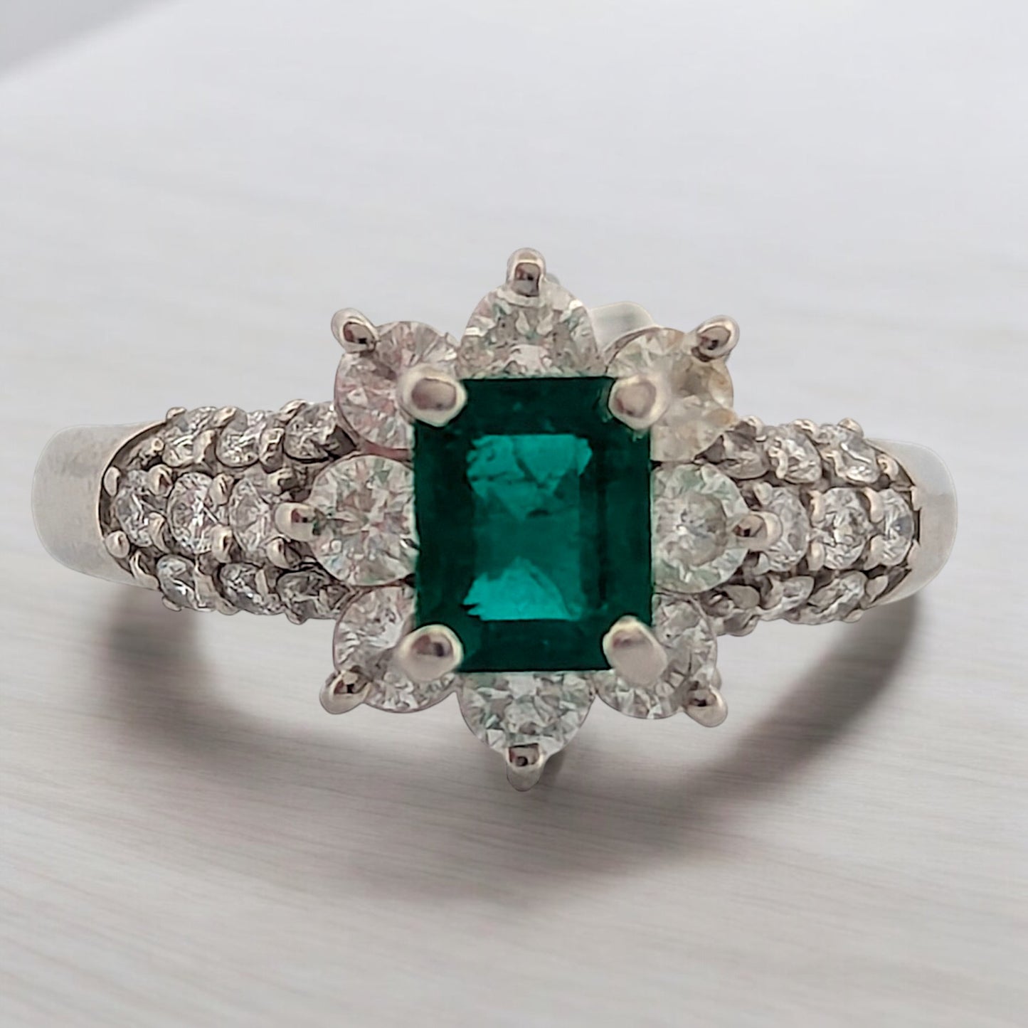 Tallulah | Platinum Ring With .72 CT Natural Emerald & .83 CTW Natural Diamonds | Elegant Vintage-Inspired Design | Size 5.5