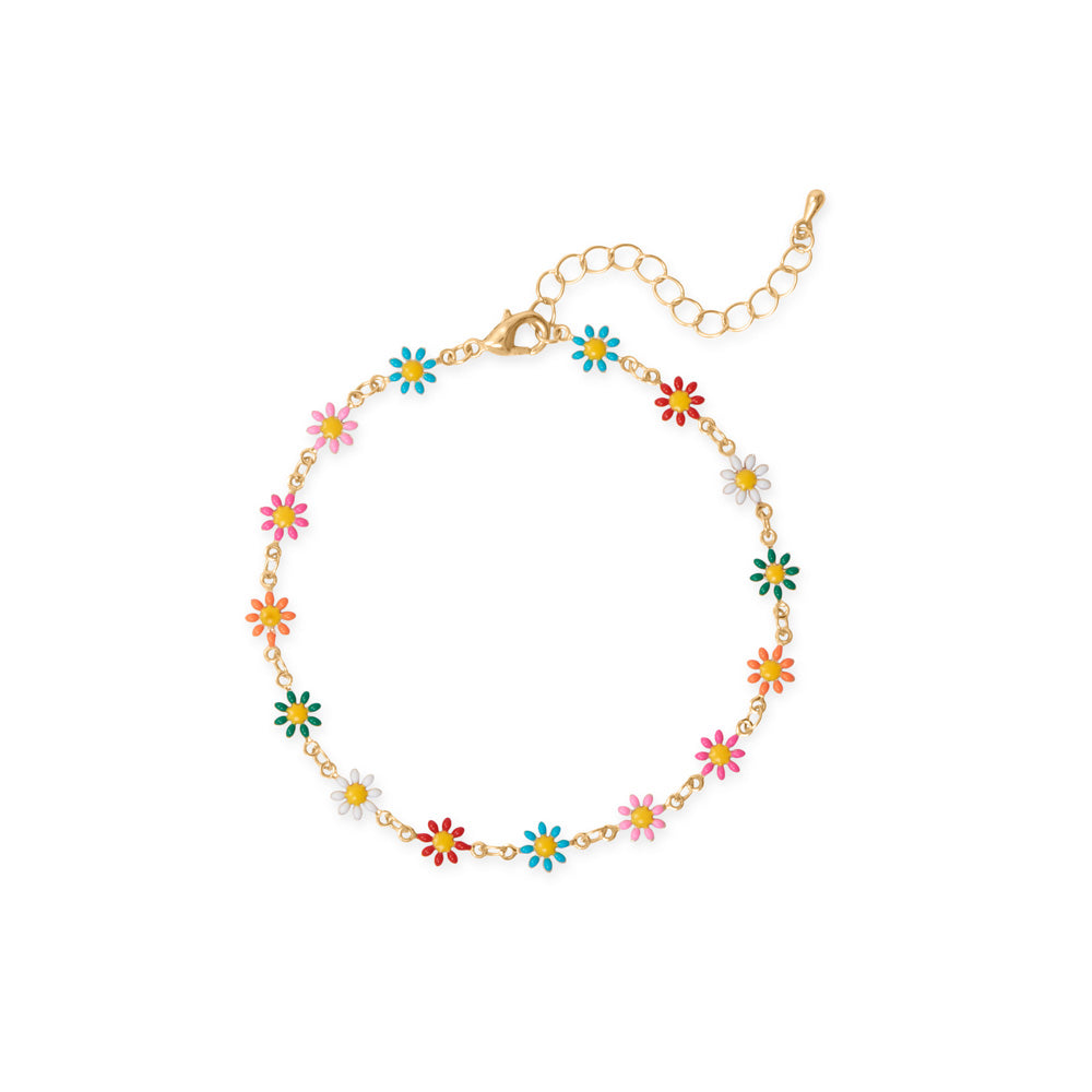 9 + 2 Gold Tone Multi Color Enamel Flower Fashion Anklet