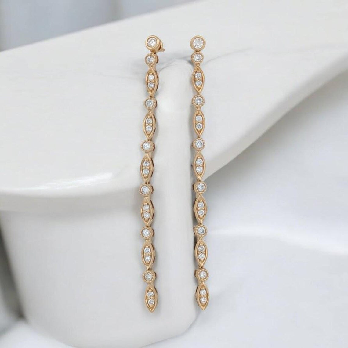 Bethany | 47ctw Diamond Dangle Earrings | Long Dangle Statement Earrings 14k Yellow Gold Drop Earrings| Diamond Drop and Dangle Jewelry