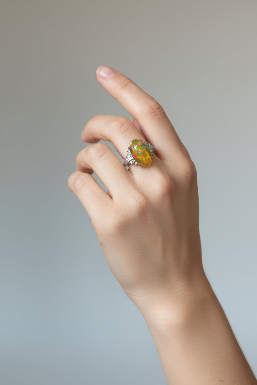 Ottilie | Platinum | Fire Opal and Natural Diamond | Ring