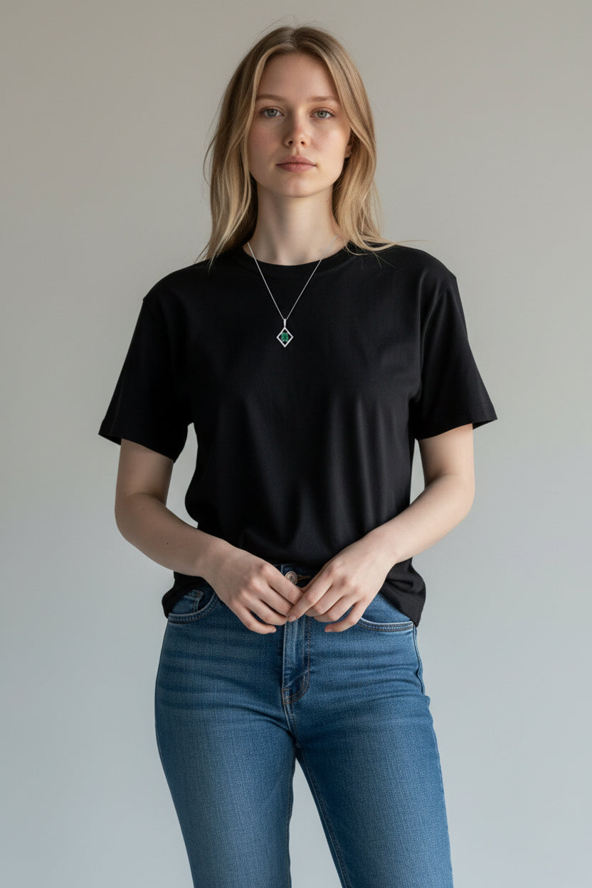 Effie | 14k White Gold | Emerald and Natural Diamond | Necklace