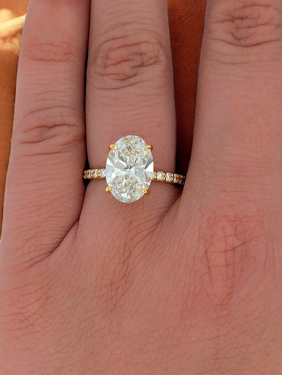 Arabella | 14k Yellow Gold Oval Lab Diamond Engagement Ring 4.01 CTW IGI Certified Hidden Halo Ring with Accent Diamonds VS2 F Bridal Jewelry Size 7.25