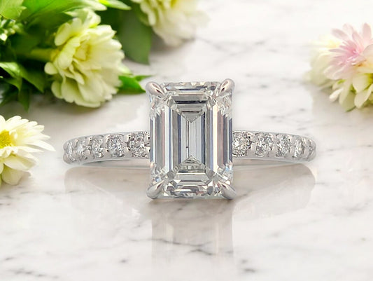Charleigh | 14K White Gold Engagement Ring | 2.11 CTW Emerald Cut Lab Diamond Center, .40 CTW Round Lab Diamonds | IGI VS2 F Certified | Size 7.25
