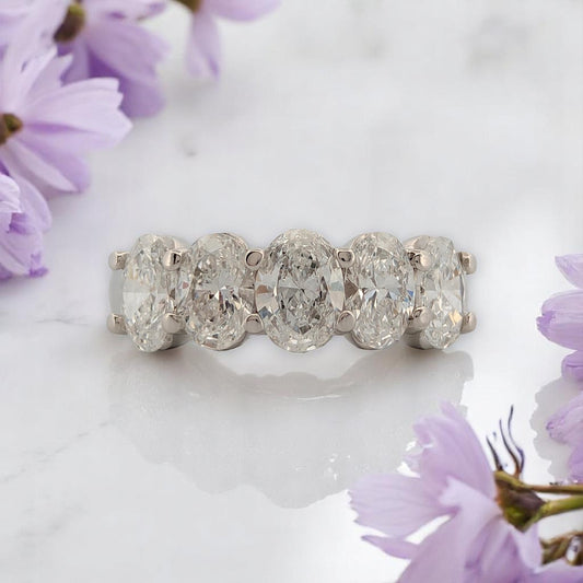 Mabel | 14K White Gold Band With 5 Oval Prong-Set Lab Diamonds | 2.60 CTW | Elegant Statement Ring | Size 6.5