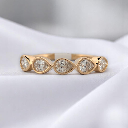 Josephine | 14K Yellow Gold Band With .75 CTW Pear-Shaped Bezel Set Lab Diamonds | Modern Stacking Ring | Size 7