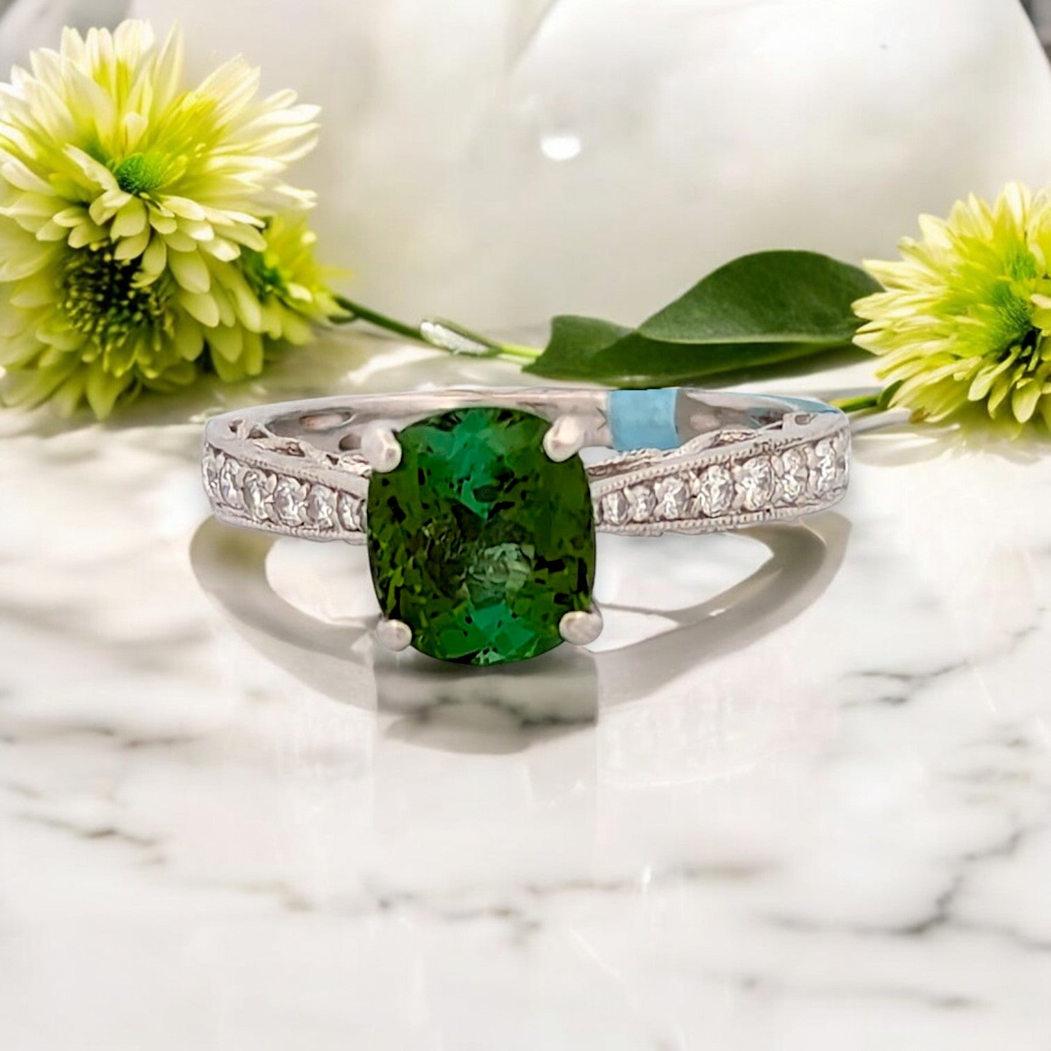 Evadne | 18k White Gold Tourmaline and Diamond Ring with Oval Cushion Cut Gemstone and .29 CTW Natural Diamonds Elegant Fine Jewelry Gift Size 6.5