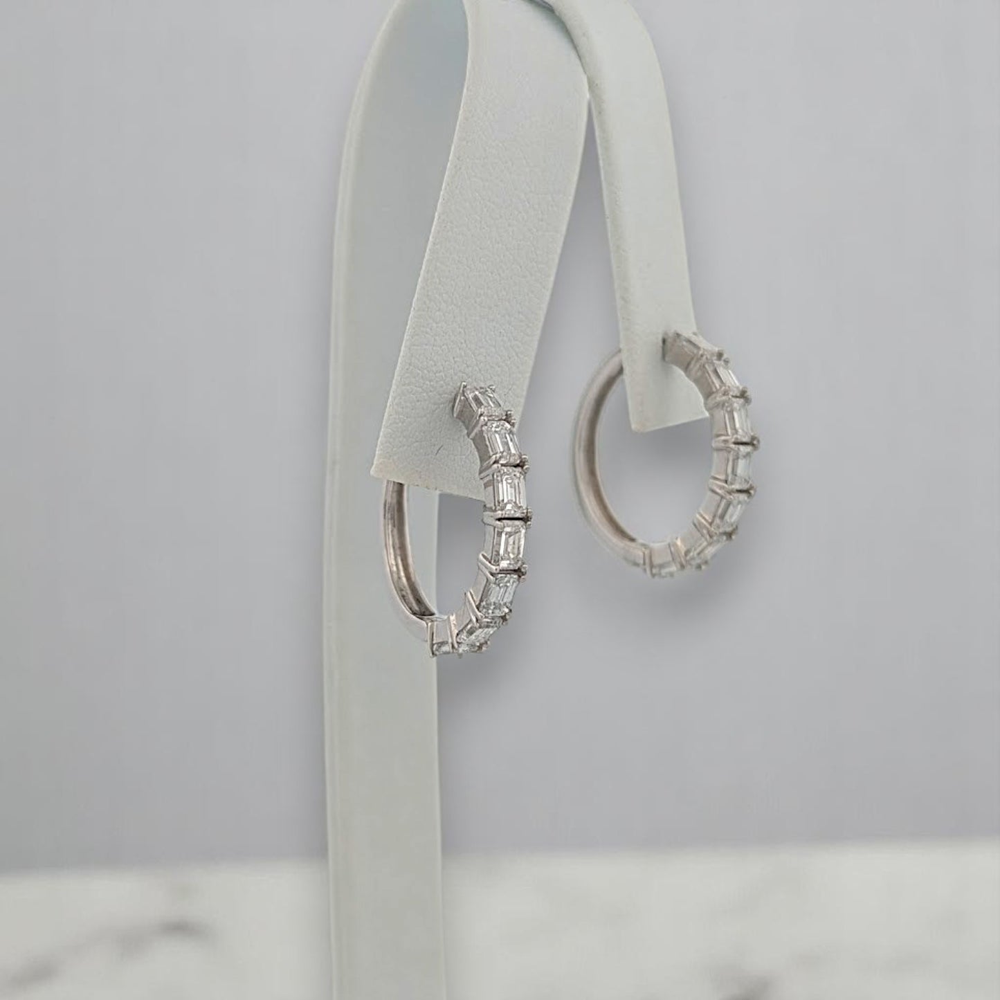 June Lab Diamond Hoop Earrings, 14K White Gold Hinged Hoops with 2.00ctw Emerald Cut Stones, Elegant Jewelry Gift for Her, ¾ Inch Size