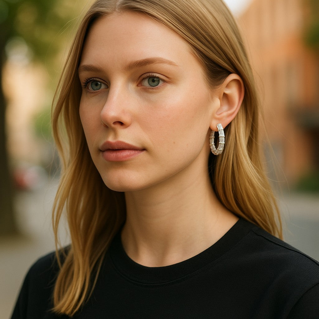 June Lab Diamond Hoop Earrings, 14K White Gold Hinged Hoops with 2.00ctw Emerald Cut Stones, Elegant Jewelry Gift for Her, ¾ Inch Size