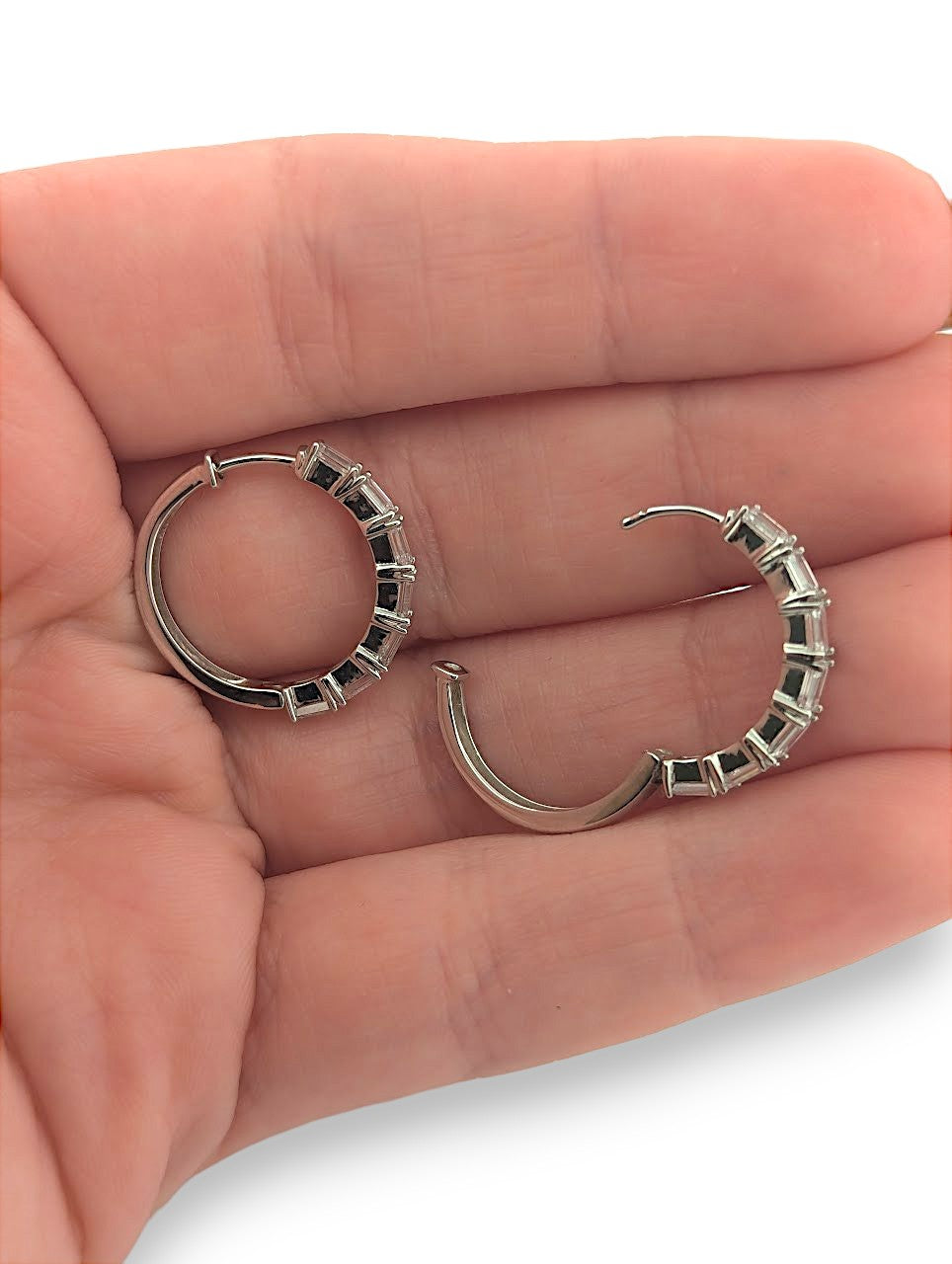 June Lab Diamond Hoop Earrings, 14K White Gold Hinged Hoops with 2.00ctw Emerald Cut Stones, Elegant Jewelry Gift for Her, ¾ Inch Size