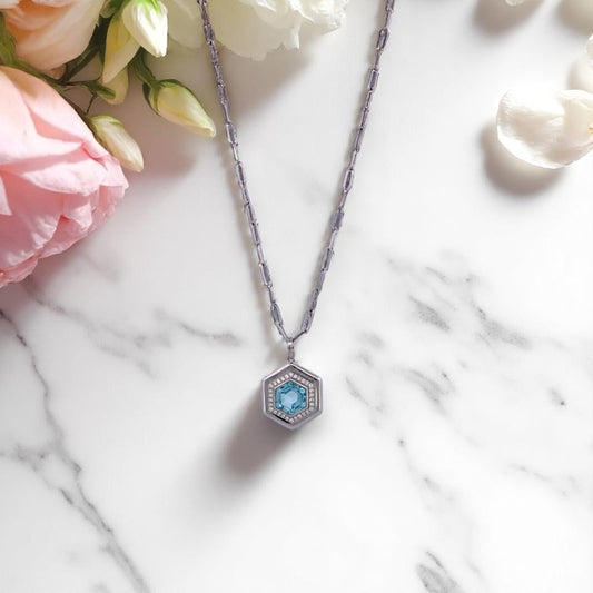 18k White Gold Pendant with Hexagon Blue Topaz and Diamonds