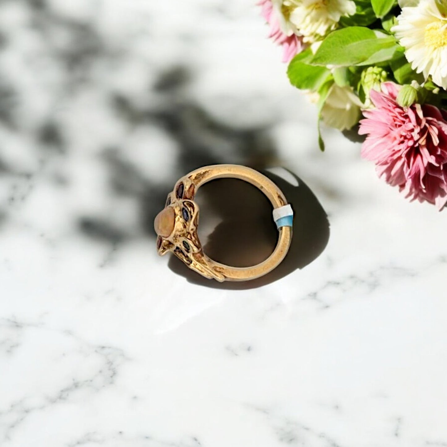 Andrea | Custom 18k Yellow Gold Ring by Jeweler Barb Evans, Ethiopian Opal Center with Sapphire Halo, Unique Gemstone Ring, Size 7