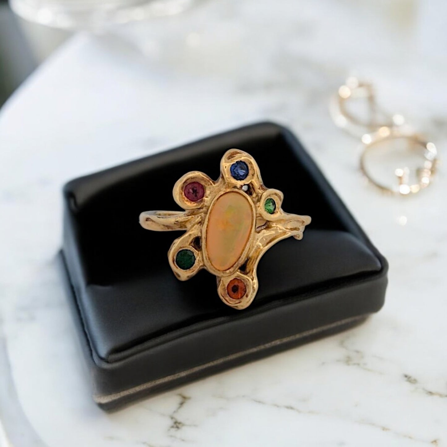 Andrea | Custom 18k Yellow Gold Ring by Jeweler Barb Evans, Ethiopian Opal Center with Sapphire Halo, Unique Gemstone Ring, Size 7