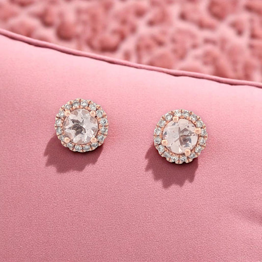 Adelaide | Morganite Earrings, 14K Rose Gold with 2.20ct Round Morganite & 0.30ctw Natural Diamonds, Elegant Fine Jewelry Gift for Her