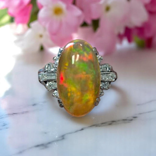Ottilie | Platinum Ring with 4.63ct Fire Opal and 0.52ct Diamonds, Elegant Opal Engagement Ring, Fine Jewelry Gift, Size 4.75
