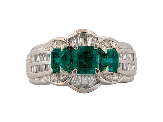 Ellis | Platinum Ring with 1.12ct Emerald and 0.50ct Diamond, Elegant Emerald Engagement Ring, Luxury Green Gemstone Ring, Size 6 Gift