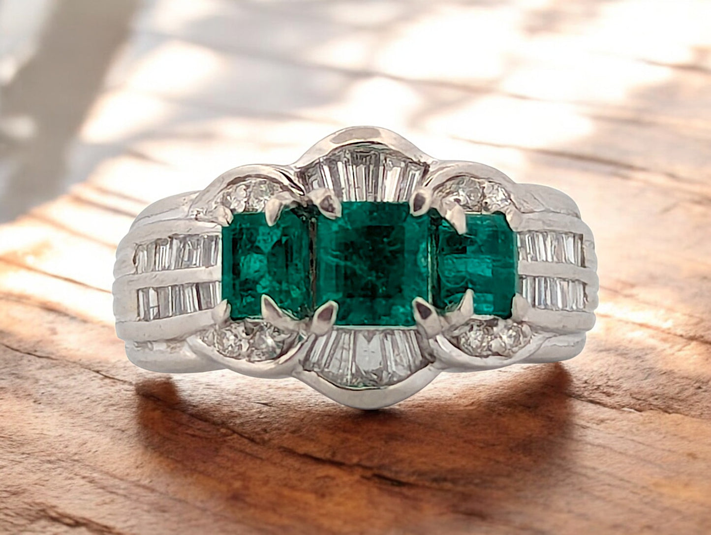 Ellis | Platinum Ring with 1.12ct Emerald and 0.50ct Diamond, Elegant Emerald Engagement Ring, Luxury Green Gemstone Ring, Size 6 Gift