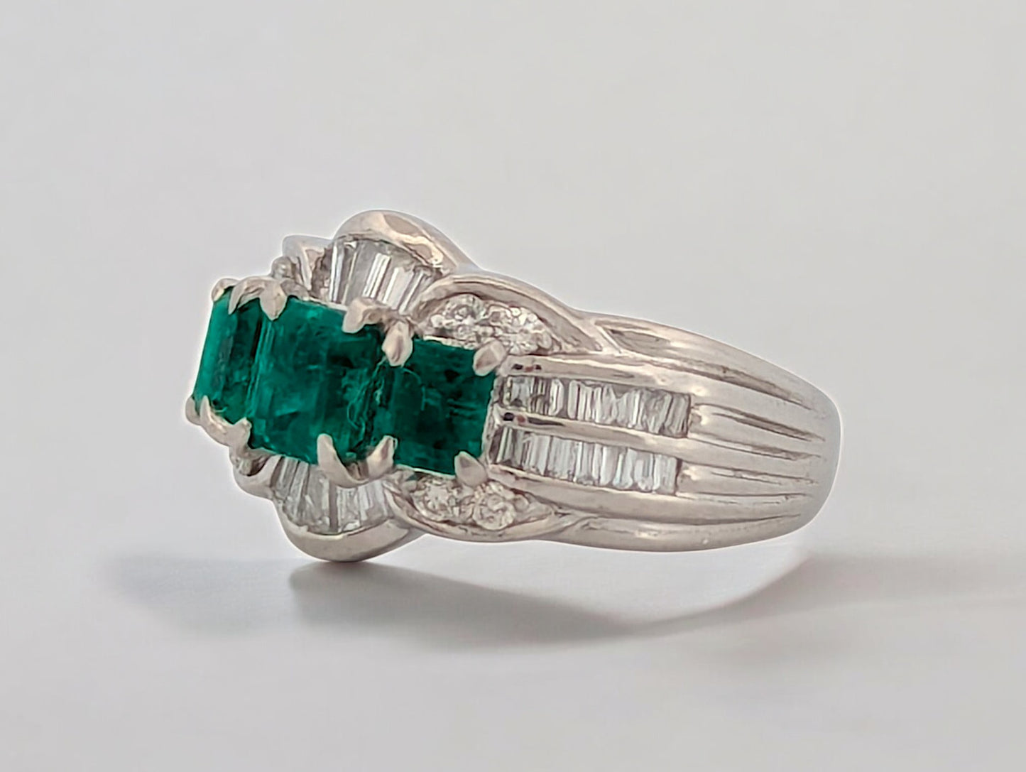 Ellis | Platinum Ring with 1.12ct Emerald and 0.50ct Diamond, Elegant Emerald Engagement Ring, Luxury Green Gemstone Ring, Size 6 Gift