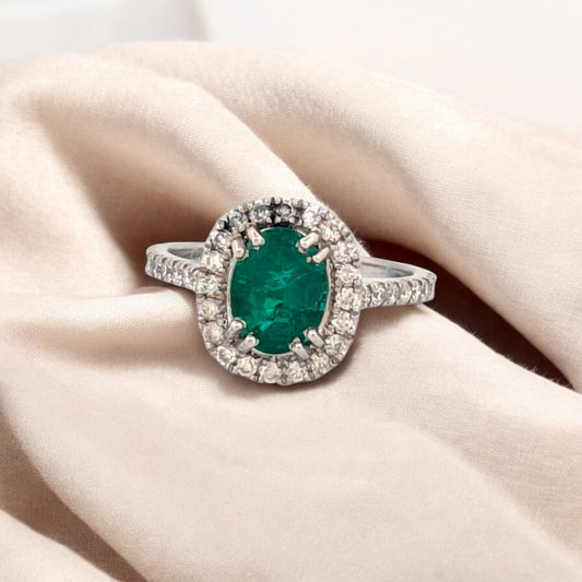 Celeste | 14K White Gold Ring With 1.00 CT Natural Oval Emerald & .44 CTW Natural Diamonds | Elegant Fine Jewelry | Size 7