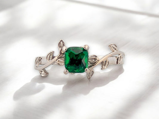 Selene | 14K White Gold Chrome Diopside Ring, 0.50 CT Green Gemstone, Vine Band Design, Nature-Inspired Jewelry, Fine Gold Ring, Size 6.75