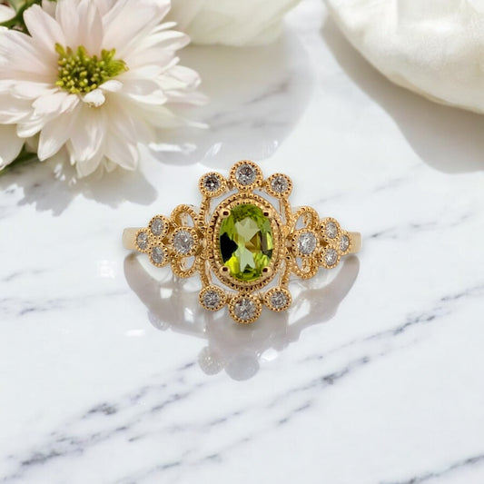 Meadow | 10K Yellow Gold Peridot & Diamond Ring, Oval Peridot Halo Ring, August Birthstone Jewelry, Fine Gold Ring, Gift for Her (Size 7.25)