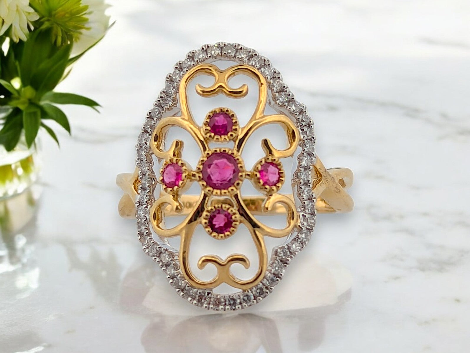 Sylvie | 10k Yellow Gold Ruby and Diamond Ring with .40 CT Natural Rubies and .25 CTW Natural Diamonds Elegant Red Gemstone Fine Jewelry Ring Size 6.5