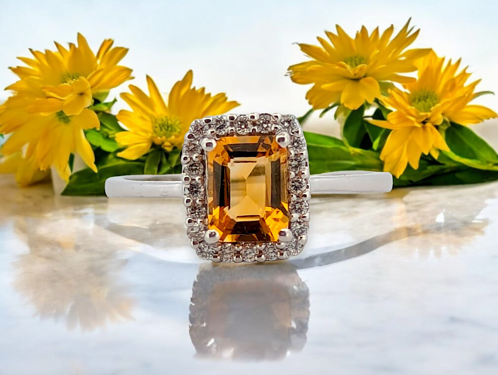 Zephyra | 10k White Gold Citrine and Diamond Halo Ring with .85 CT Oval Citrine and .15 CTW Natural Diamonds Elegant November Birthstone Ring Size 7