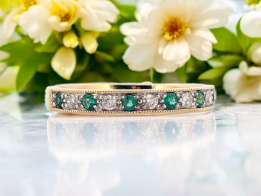 Wren | 10K Yellow Gold Emerald & Diamond Band, Dainty Gold Ring, May Birthstone Jewelry, Stackable Emerald Ring, Fine Jewelry Gift (Size 7)