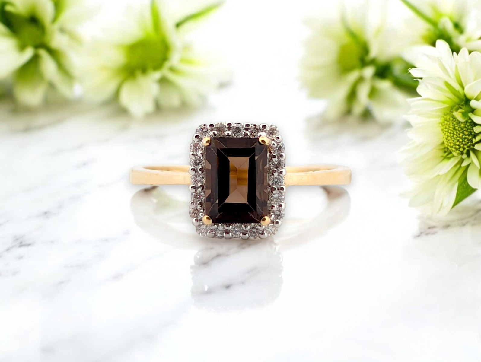 Lunaria | 10k Yellow Gold Smoky Quartz and Diamond Halo Ring