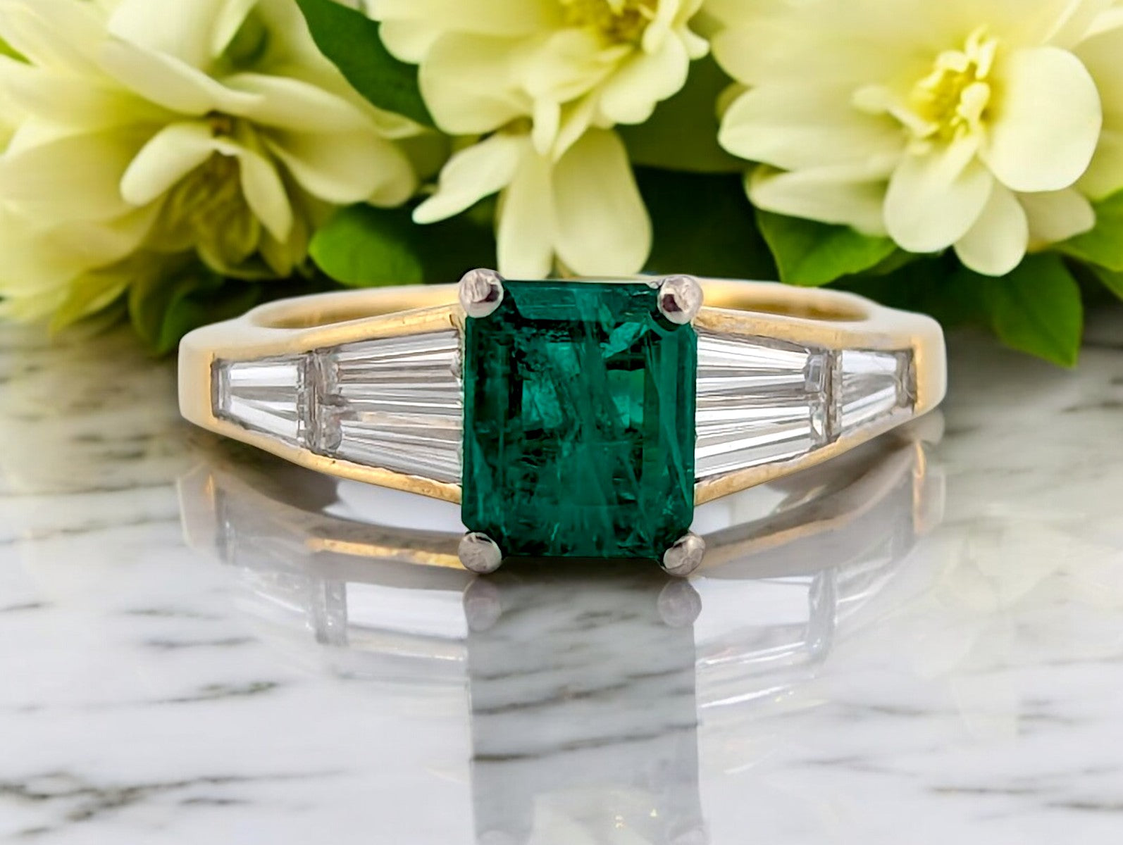 Ondine | 18k Yellow Gold Emerald and Diamond Ring with Natural Emerald Cut Emerald and .75 CTW Natural Baguette Diamonds Fine Green Gemstone Ring Size 6.5