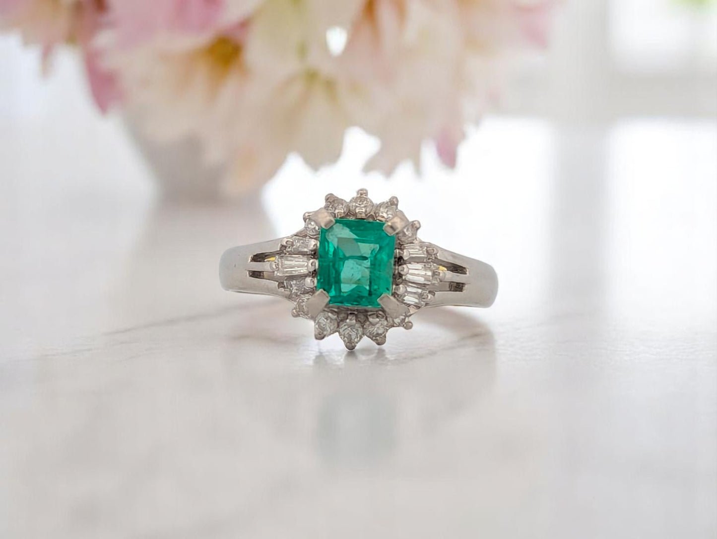 Zylah | Platinum Ring – 0.47 ct Natural Emerald & 0.25 ct Natural Diamonds – May Birthstone Engagement Ring – Dainty Wedding Band – Size 5