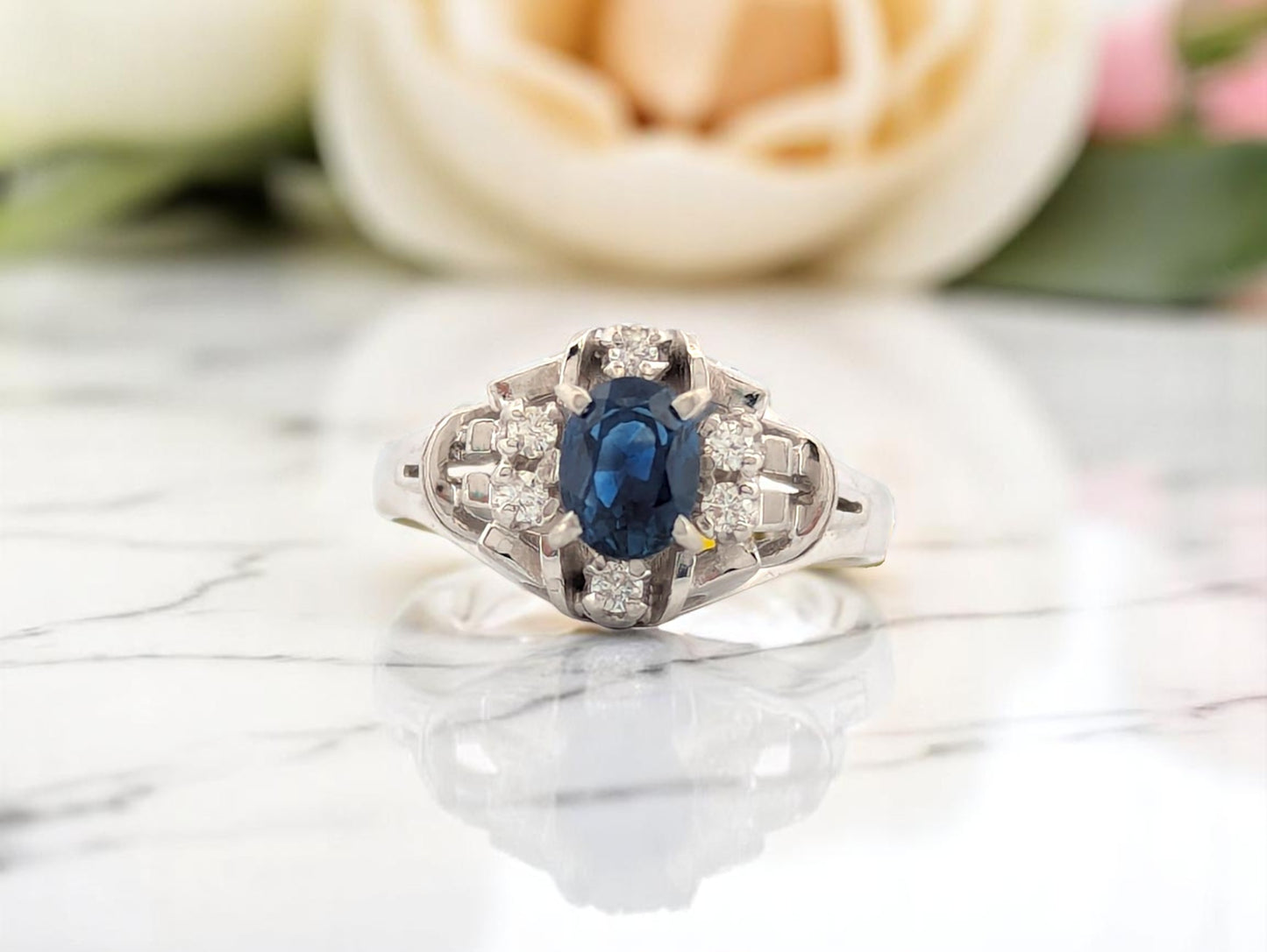 Hypatia Sapphire Ring, Platinum with 0.69ct Natural Oval Sapphire & 0.10ct Natural Diamonds, Elegant Fine Jewelry, Size 4.75