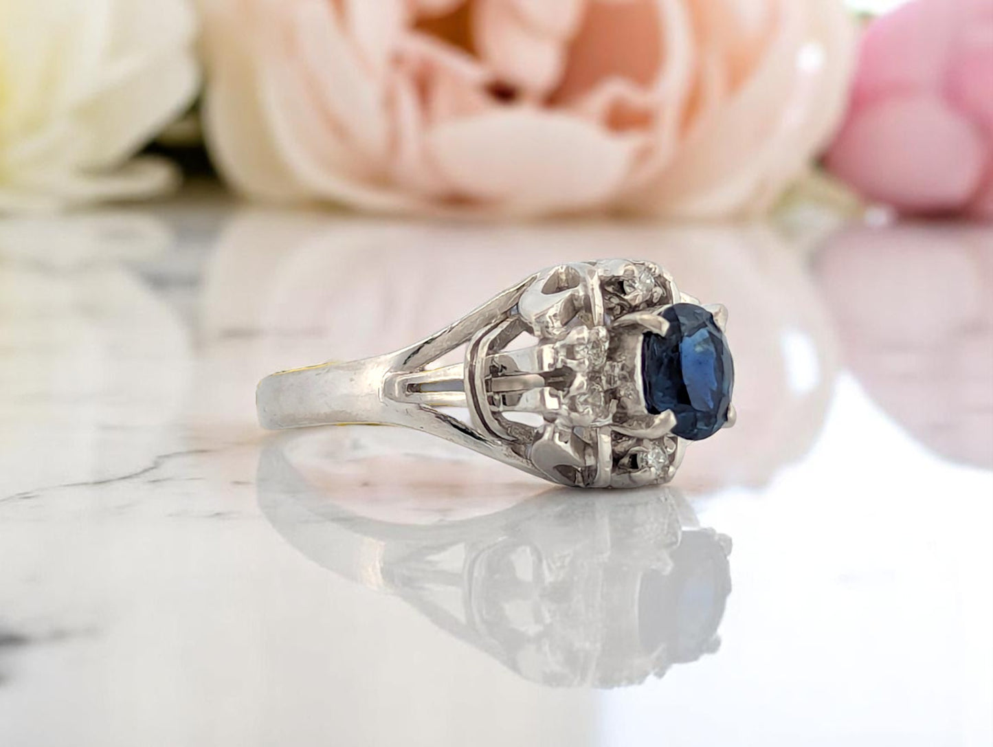 Hypatia Sapphire Ring, Platinum with 0.69ct Natural Oval Sapphire & 0.10ct Natural Diamonds, Elegant Fine Jewelry, Size 4.75