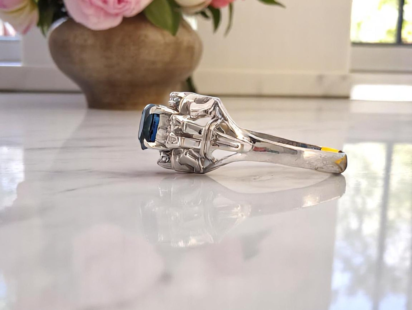 Hypatia Sapphire Ring, Platinum with 0.69ct Natural Oval Sapphire & 0.10ct Natural Diamonds, Elegant Fine Jewelry, Size 4.75
