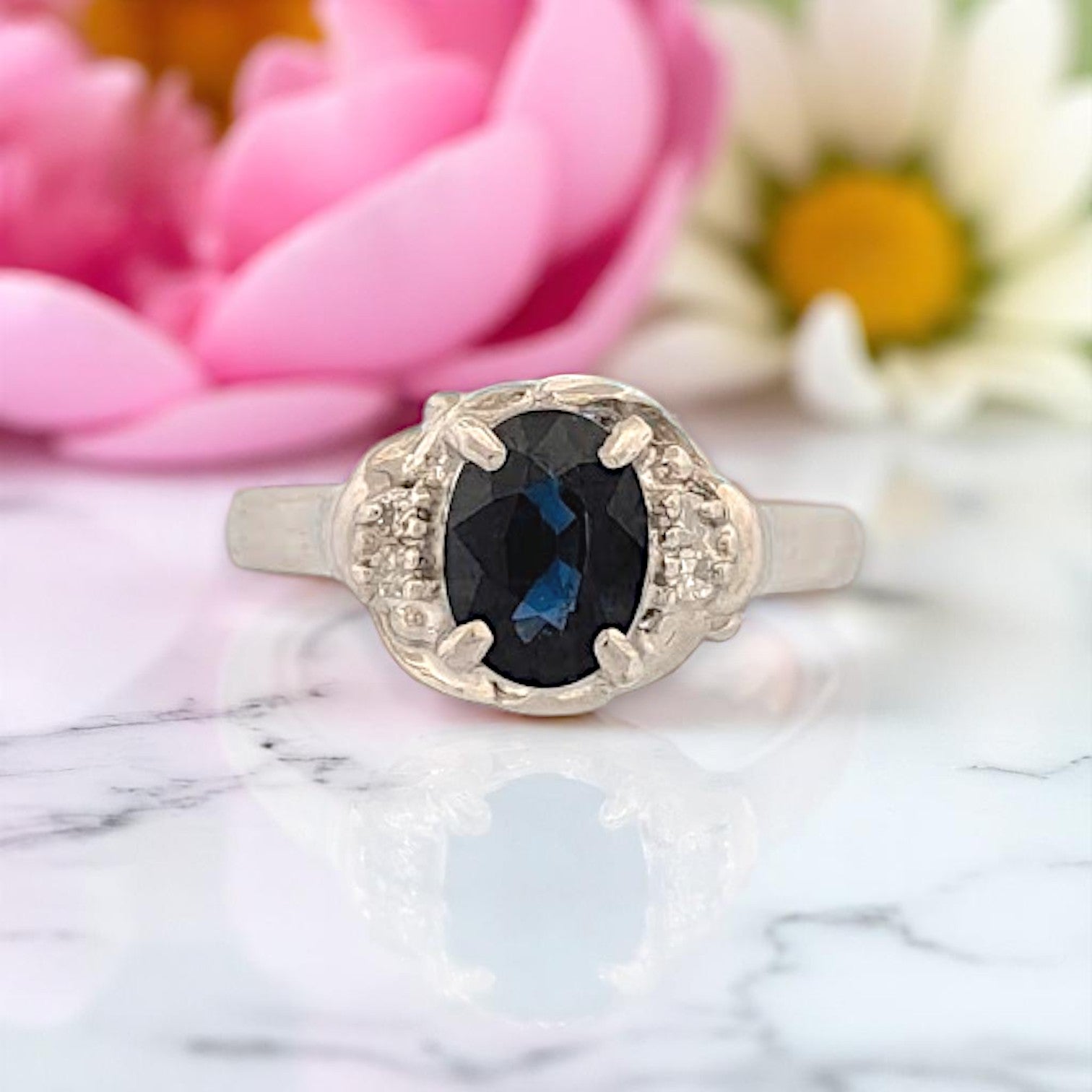 Platinum Ring with 1 ct Oval Sapphire & .40 ctw Diamonds – Size 4.75