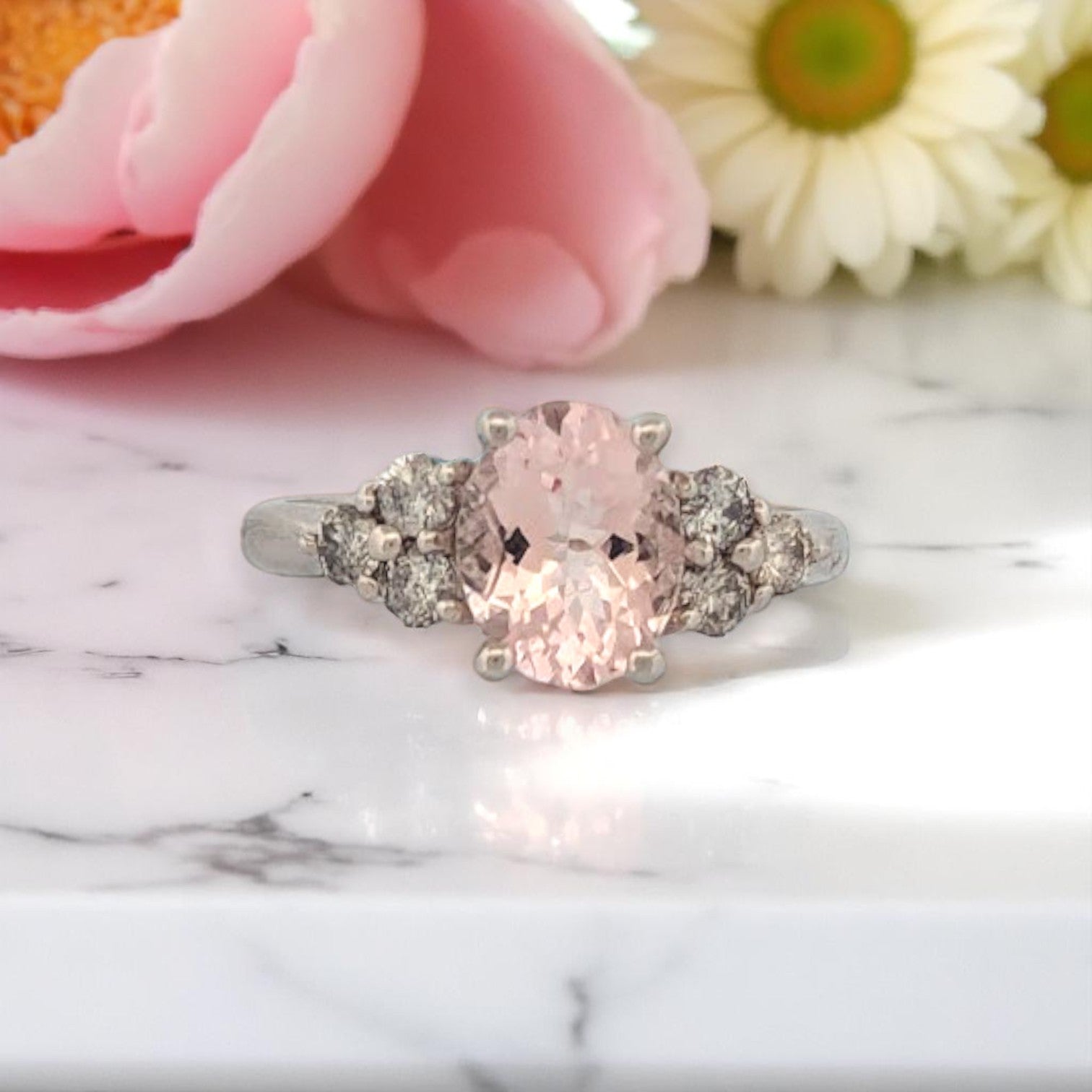 14k White Gold Ring with 1.7 ct Oval Morganite & .39 ctw Diamonds – Size 7