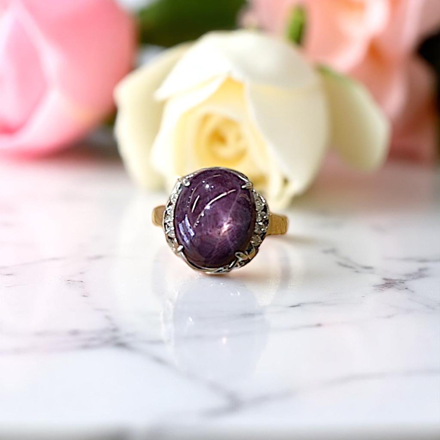 18k White Gold Ring with 7 ct Star Ruby & .12 ctw SI-I1 Diamonds – Size 5