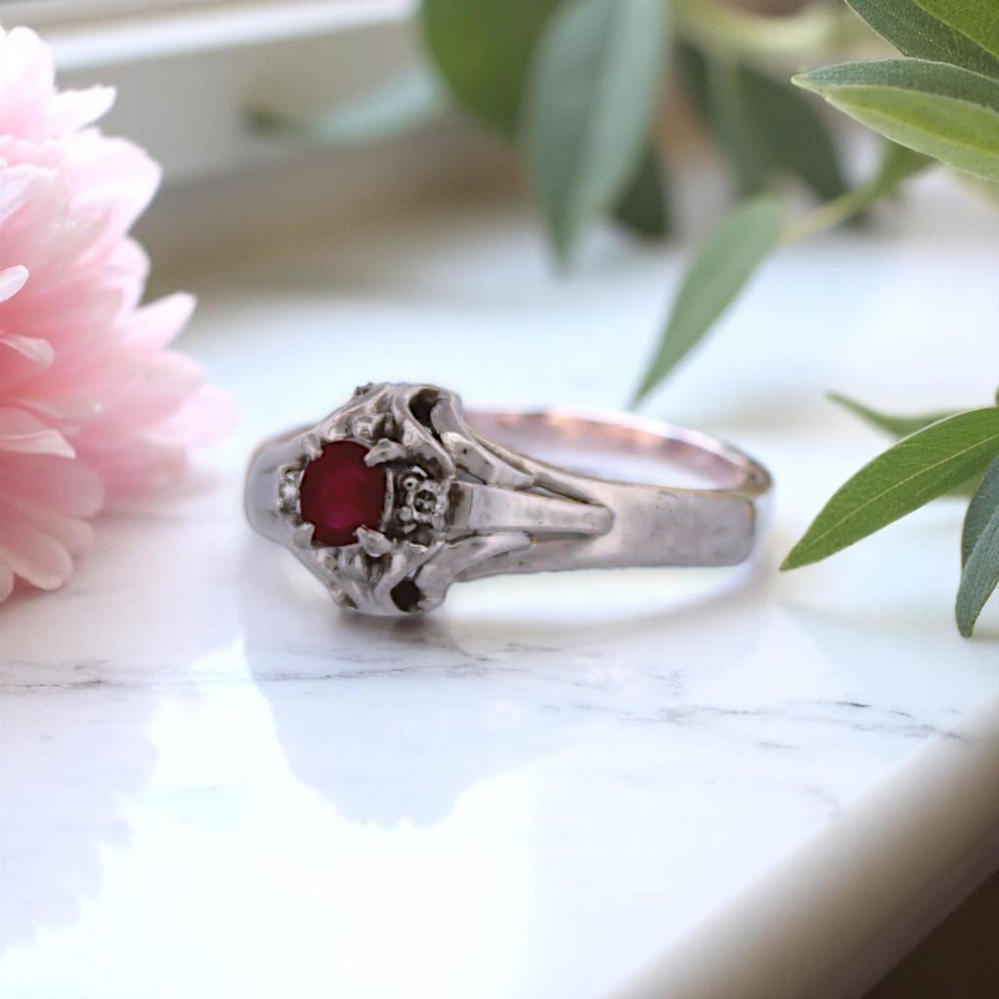 Zelda Ring | Platinum with Natural Ruby & Diamond Accents – 0.29 ct Round Ruby – Size 4.75 Elegant Engagement or Birthstone Ring