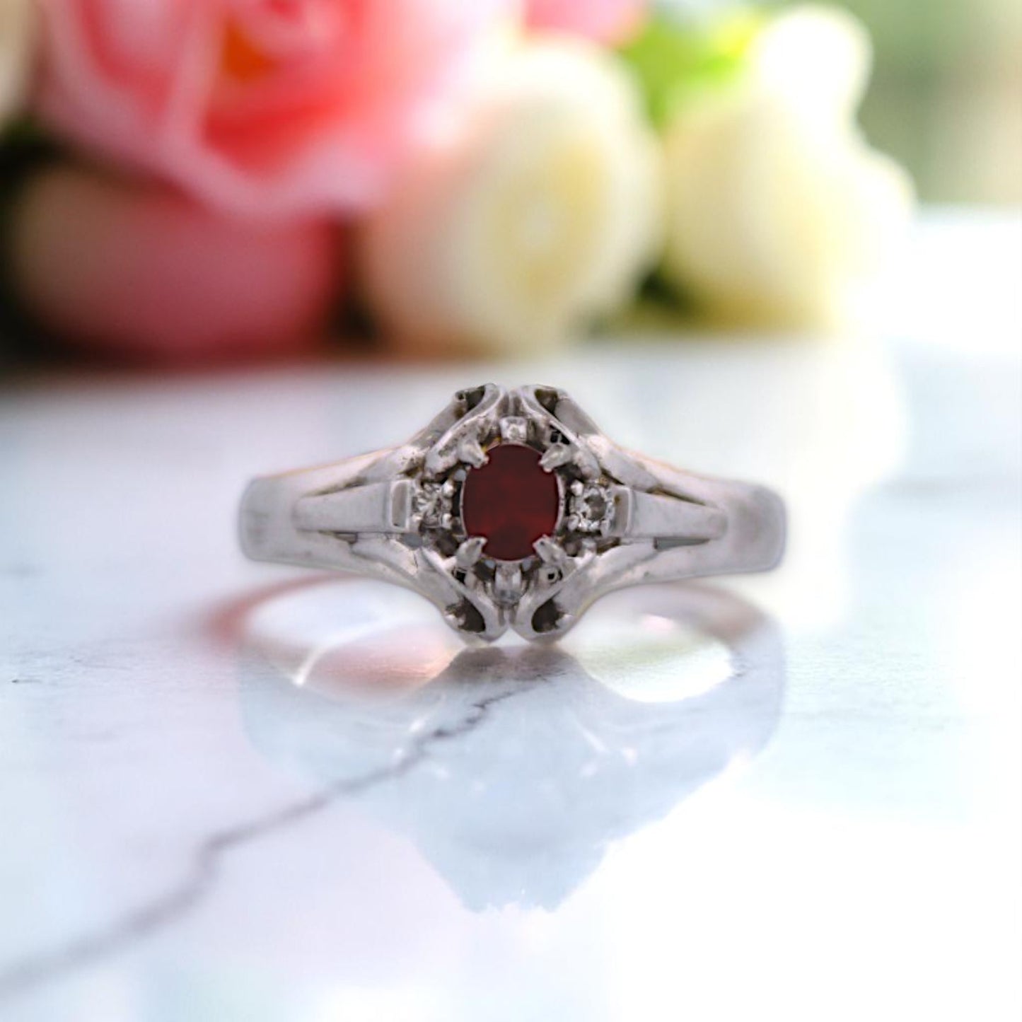 Platinum Ring with .29 ct Natural Round Ruby & .02 ctw Diamonds – Size 4.75