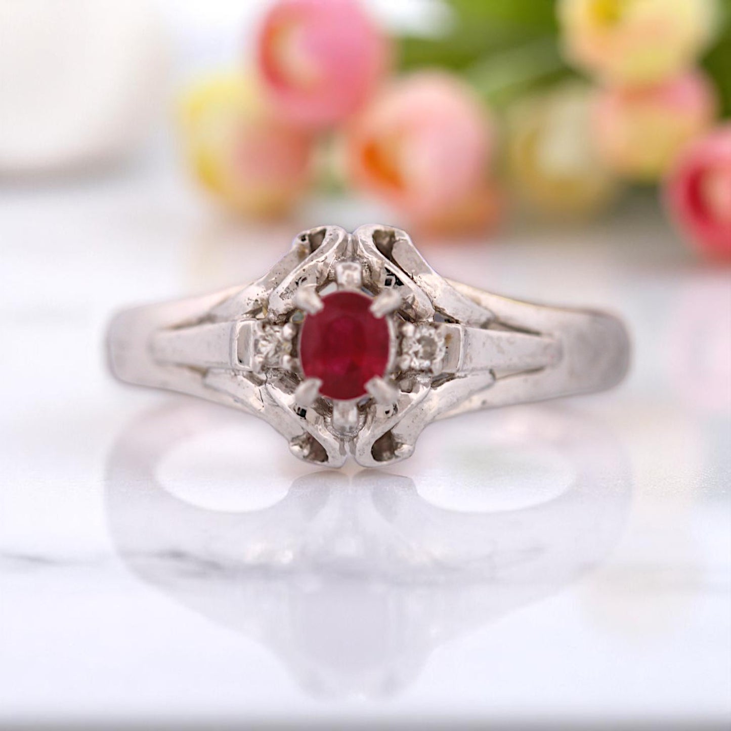 Zelda Ring | Platinum with Natural Ruby & Diamond Accents – 0.29 ct Round Ruby – Size 4.75 Elegant Engagement or Birthstone Ring