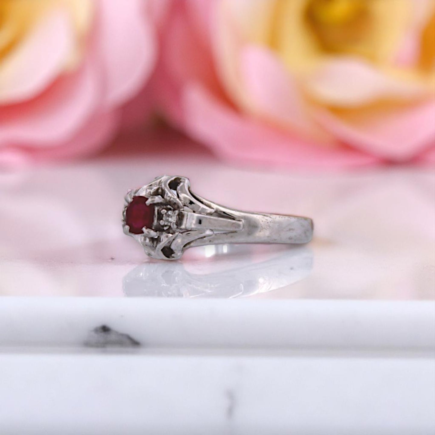 Zelda Ring | Platinum with Natural Ruby & Diamond Accents – 0.29 ct Round Ruby – Size 4.75 Elegant Engagement or Birthstone Ring