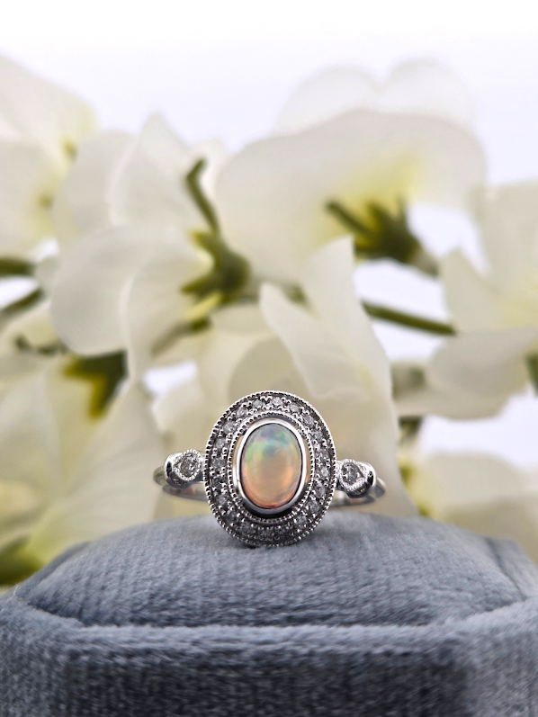 Pauline | 10k White Gold | Opal & Natural Diamond | Ring